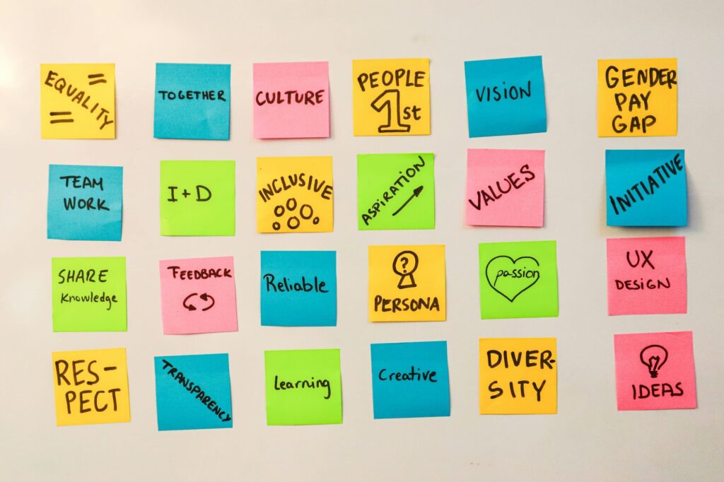 Viele Post-Its bunt mit Notitzen