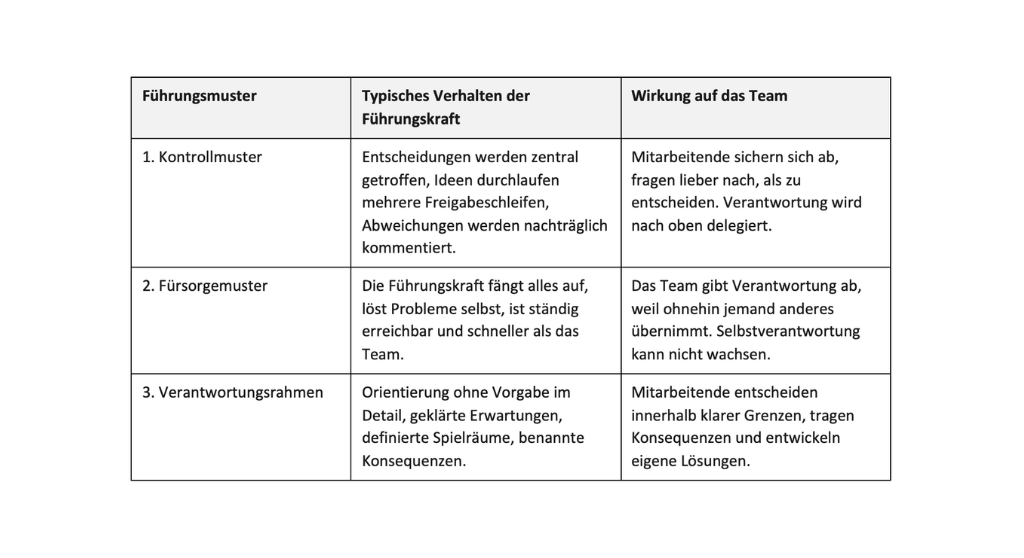 Tabelle Unterschied Kontrolle, Fürsorgung und Führung
